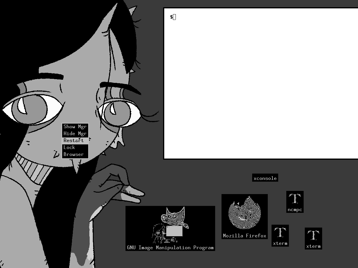 screenshot of a window manager twm with an open xterm and various random programs iconified