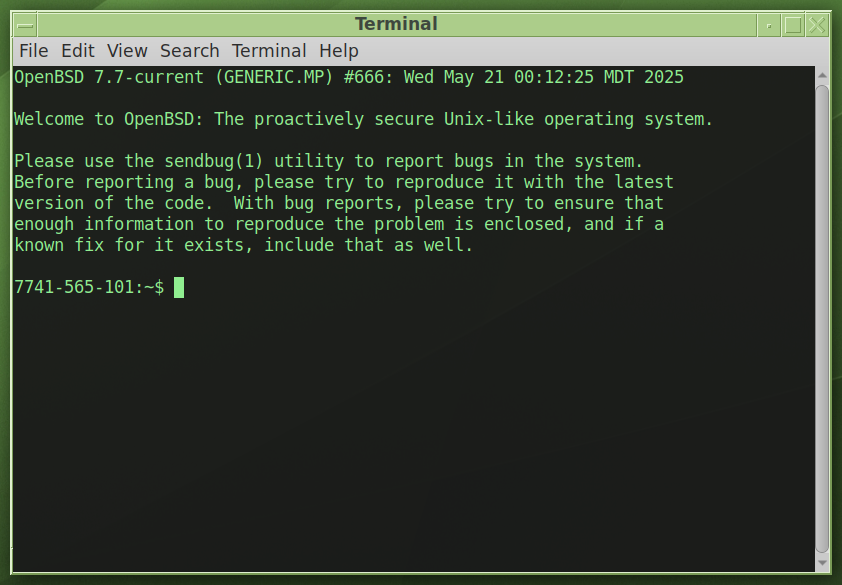 MATE Terminal showing the usual message-of-the-day for OpenBSD 7.7-current, but the snapshot version for this is the Number Of The Beast.