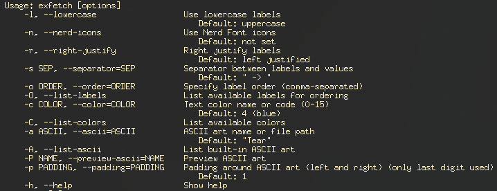 Screenshot of exfetch with -h (help flag) set.