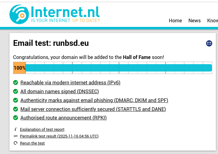 screenshot showing 100% Internet.nl score for the runbsd.ey mailserver test