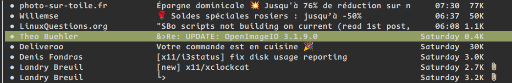 A list of email items. 3 of them have colored emojis in their subject.