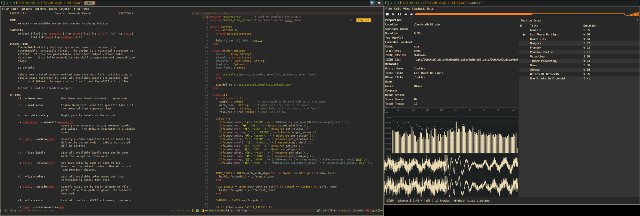screenshot of OpenBSD with StumpWM. Shown on the left monitor is an emacs session of the exfetch manpage and code from exfetch. Shown on the right monitor is DeaDBeeF playing a CD of Justice's "Cross" album
