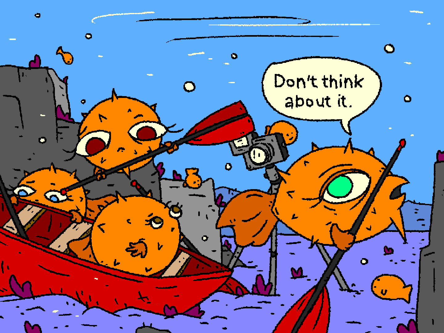 A school of BSD fish find a sunken boat and prepare to photograph the poster for OpenBSD 7.6 release.