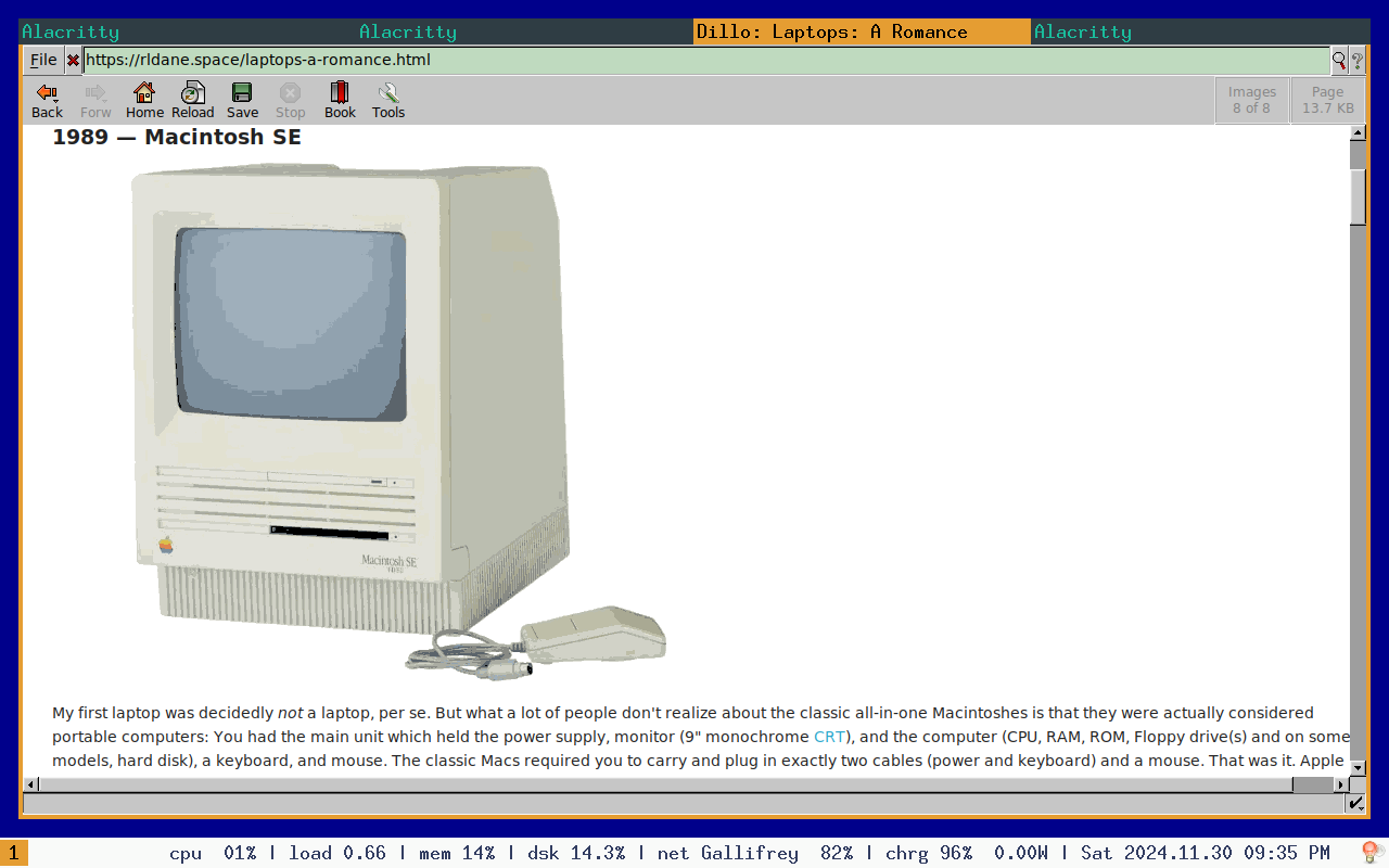 A screenshot of the Dillo browser running under i3wm on OpenBSD.
The browser is open to https://rldane.space/laptops-a-romance.html, with the heading entitled "1989 — Macintosh SE" being at the very top.