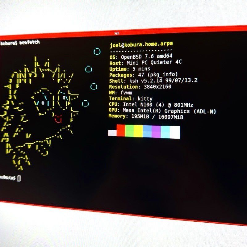 The output of the neofetch command in a terminal. It shows details about OpenBSD 7.6 running on a MeLE Quieter 4C.