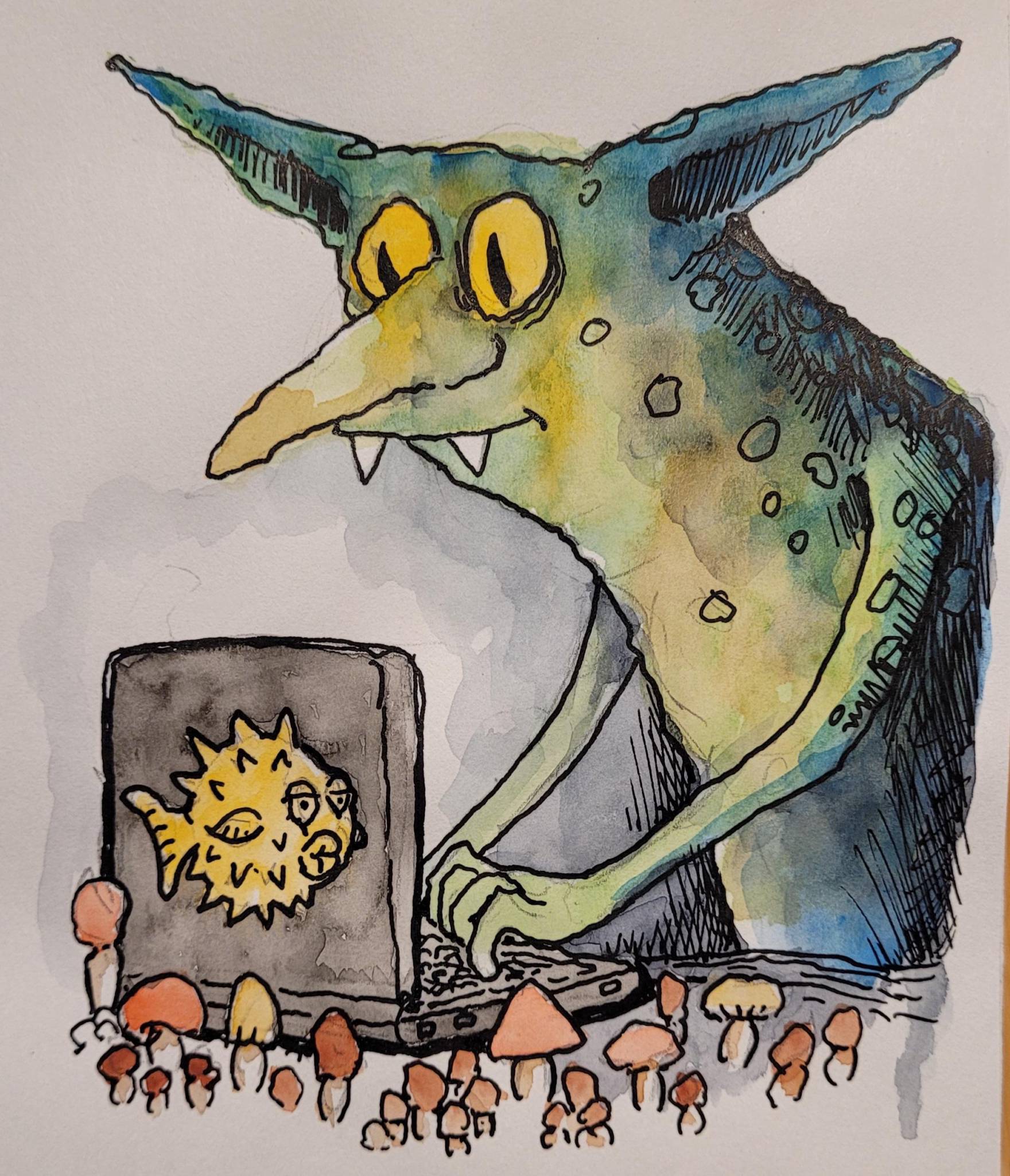 A greenish goblin typing on a laptop with a big yellow puffer fish logo sticker on the lid. There are mushrooms around the laptop.
