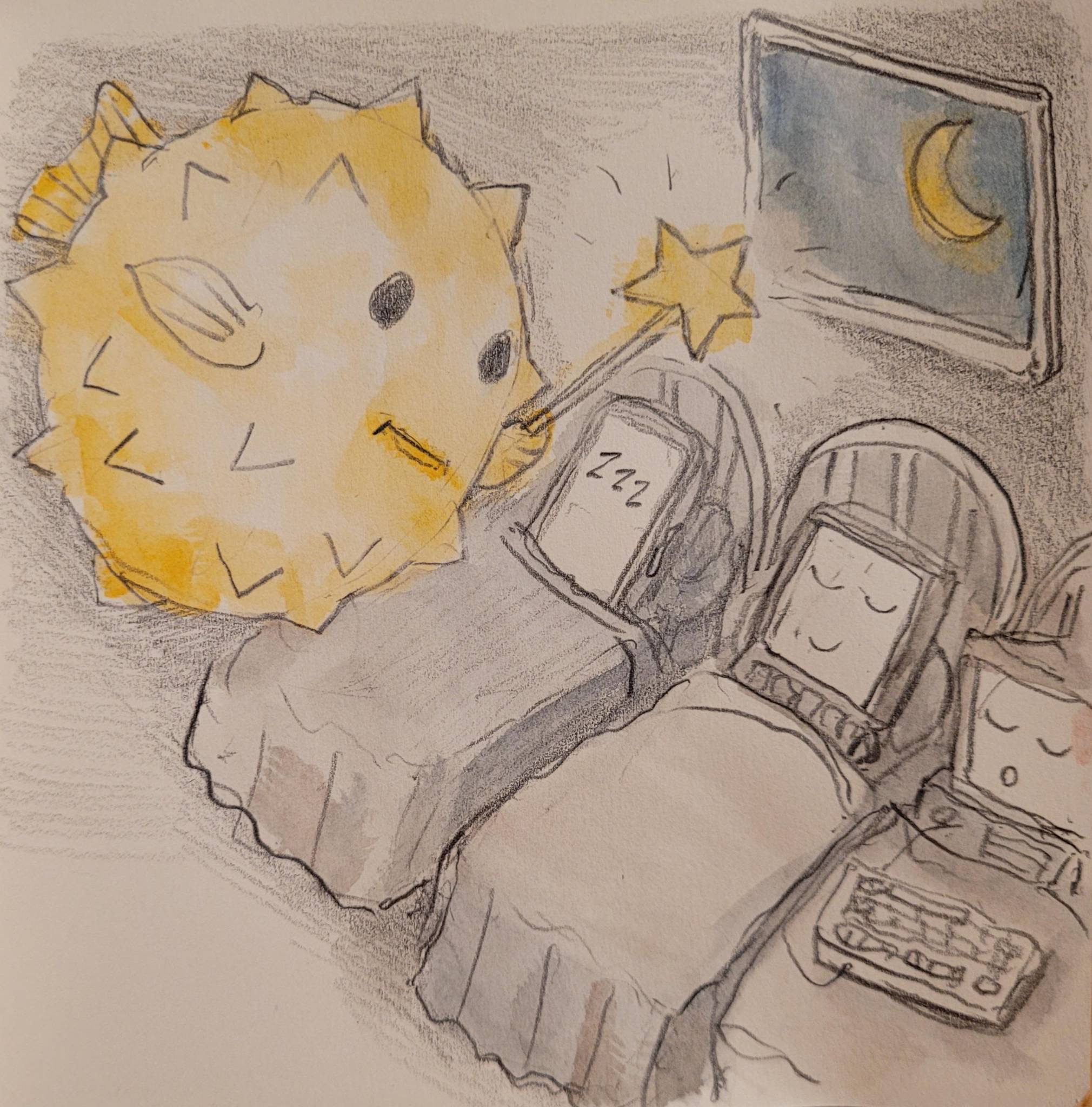 A pencil drawing with some watercolor. Puffy, the OpenBSD puffer fish mascot, is holding a magic wand. A phone, a laptop, and a desktop are sleeping in little beds.  A crescent moon is visible through the window. 