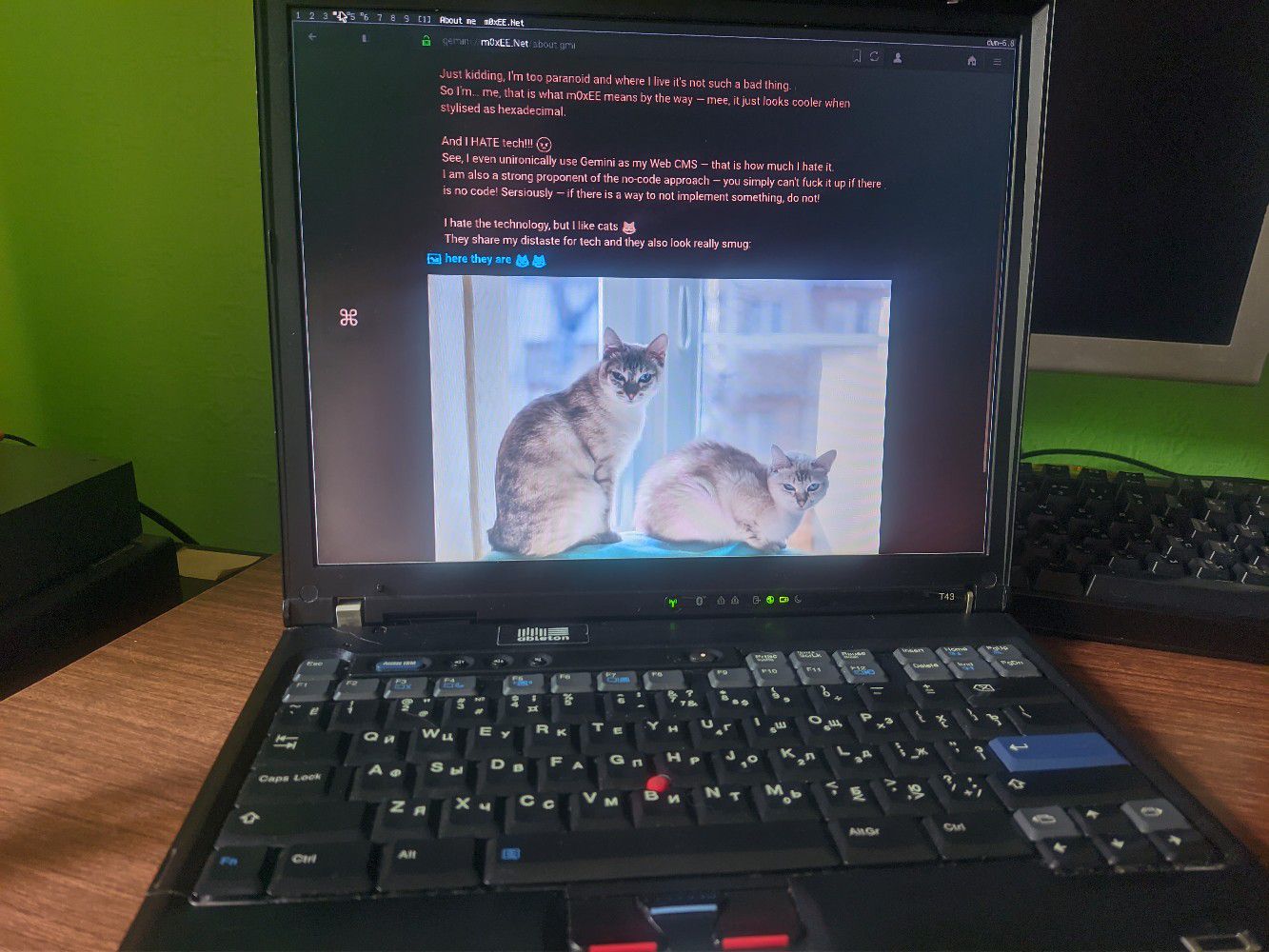 Desk with IBM ThinkPad T43 on it, gemini://m0xEE.Net/about.gmi is open in Lagrange running on it.