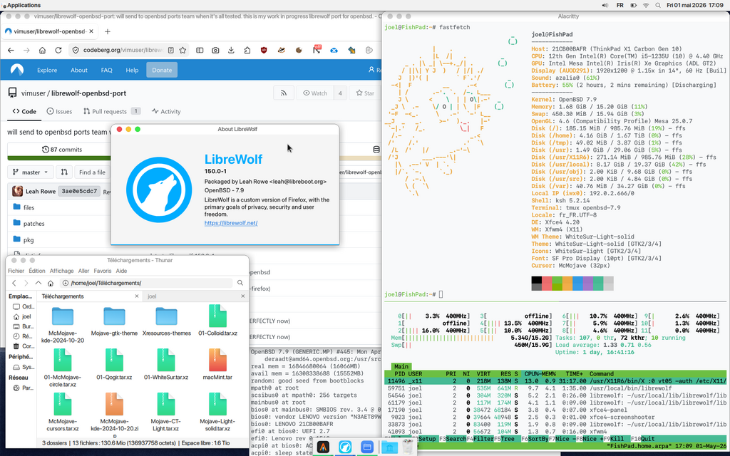 An Xfce session screenshot. A Librewolf instance is visible side to side with a Thunar window and an Alacritty  one. The terminal runs htop and fastfetch.