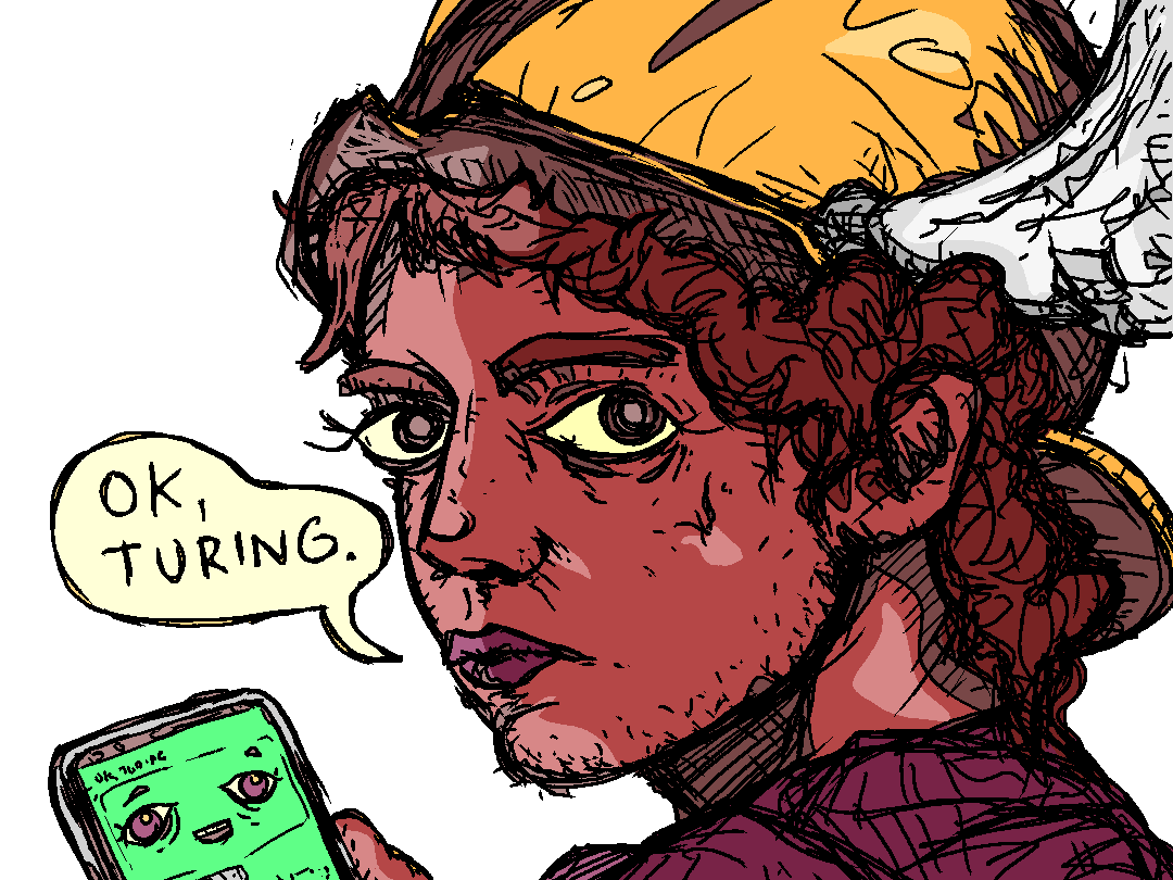 hermes holds a mobilek and says "ok, turing"