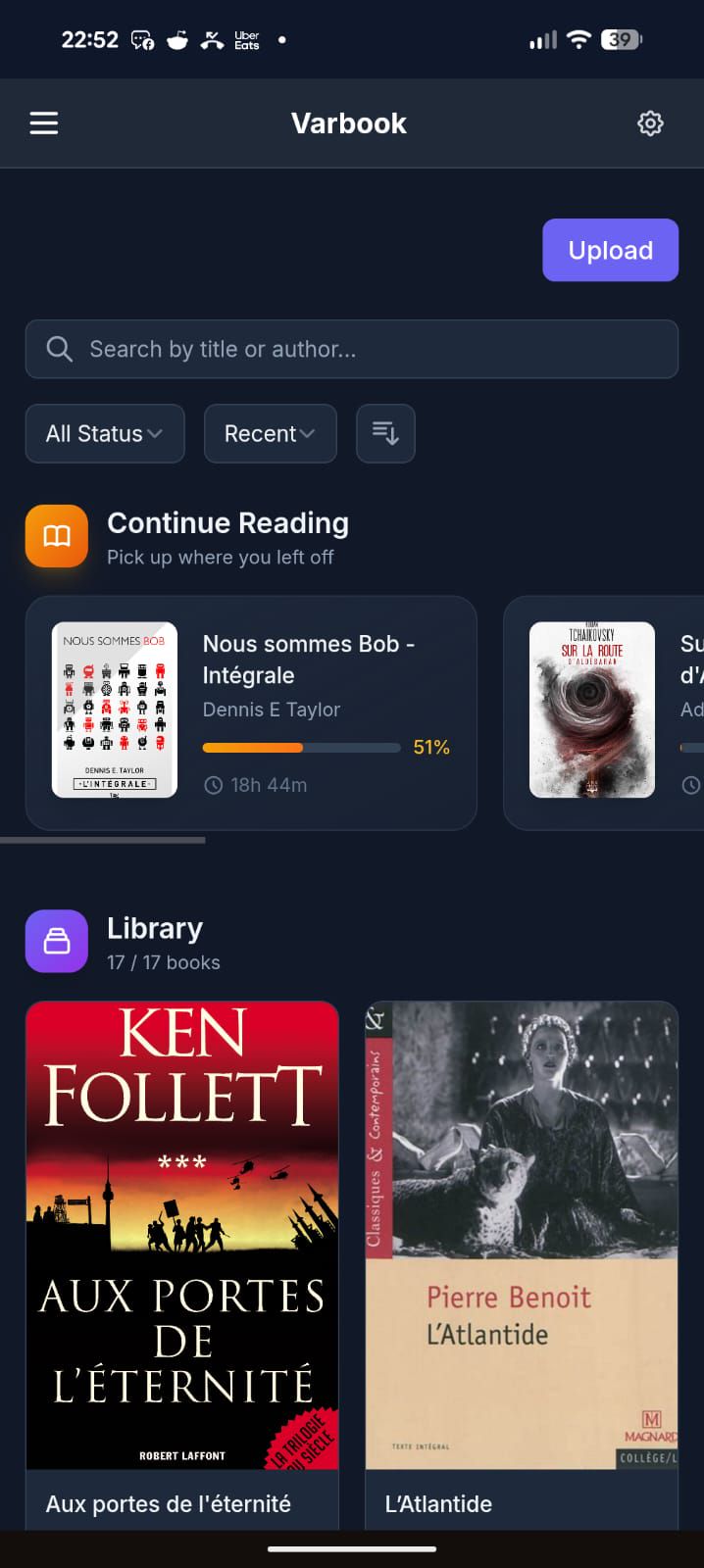 Varbook library on mobile: dark UI with a “Continue Reading” section showing progress bars and reading time, search bar, status/sort filters, and a book cover grid below